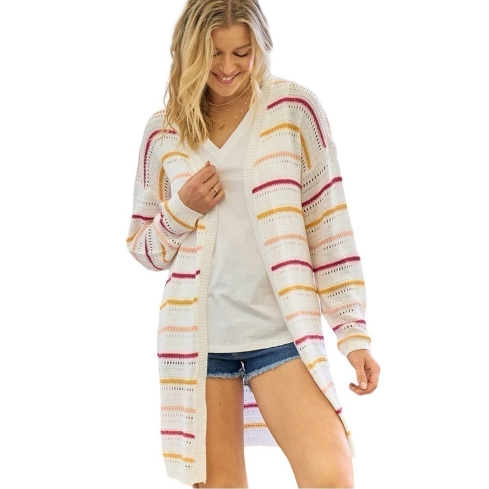 BOHO COLORFUL STRIPED OPEN FRONT CARDIGAN - Picture 3 of 10